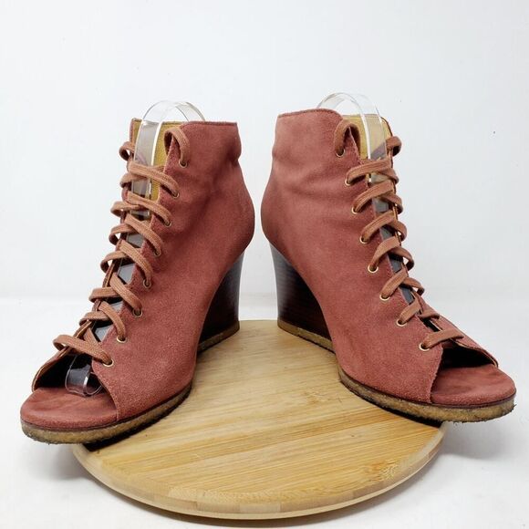 UGG Booties Women 9 Maroon Suede Lace Up Peep Toe High Wedge Elyse Sandal Shoes - Picture 1 of 12